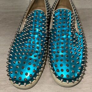 Christian Louboutin Spike Studded Blue Slip-On Shoes